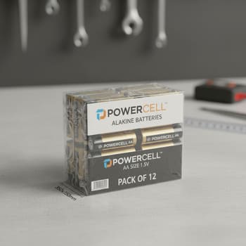 Pack of AA alkaline batteries on a neutral background