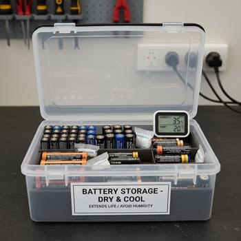 Batteries stored in a labeled dry box