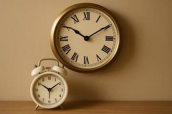 Brass serif wall clock paired with ivory twin-bell alarm