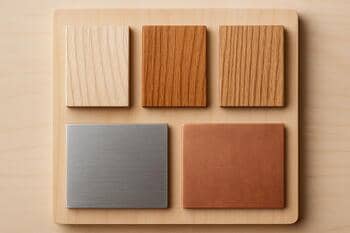 Finish board with ash, teak, oak, steel and copper swatches