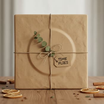 Clock gift wrapped in recycled kraft paper with fiber tape
