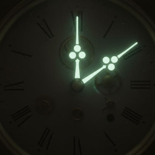 Luminous clock hands glowing softly in dim light