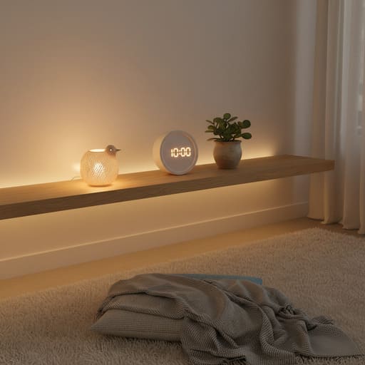 Low bedroom shelf with a compact alarm clock