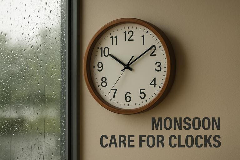 Window beads of rain beside a wall clock