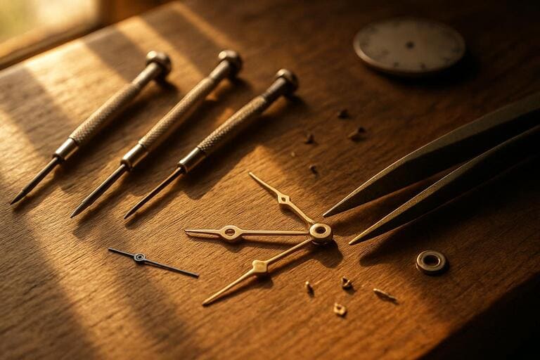 Workbench with tiny screwdrivers and clock hands
