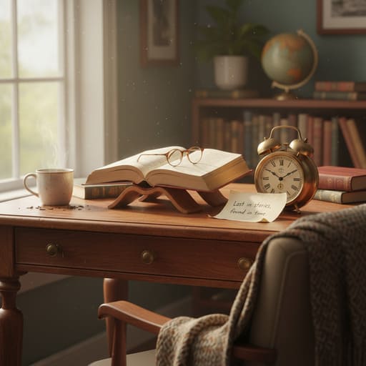 Reader’s desk with a clock and a note