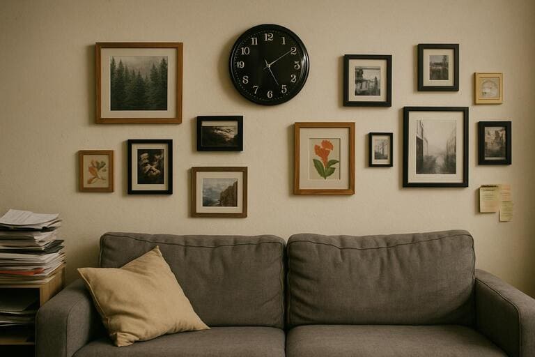 Living room wall before: small glossy dial