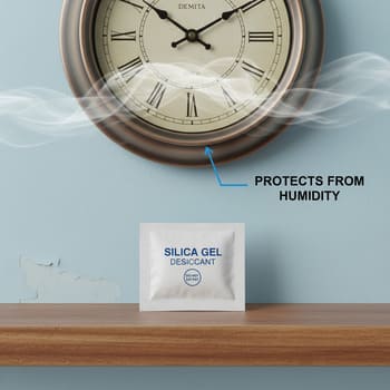 Silica gel desiccant pack near a wall clock