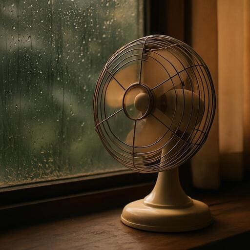 Small table fan near a rainy window