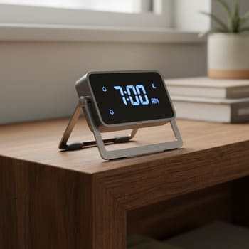 Compact alarm clock using a fold-out desk stand
