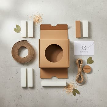 Flat lay of clock packaging: pulp tray, wrap, and manual