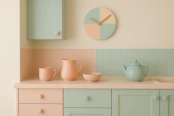 Pastel kitchen corner with soft color-block clock