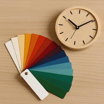 Fan of small color swatches arranged on a desk