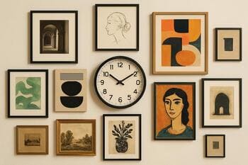 Eclectic gallery wall with a central clock