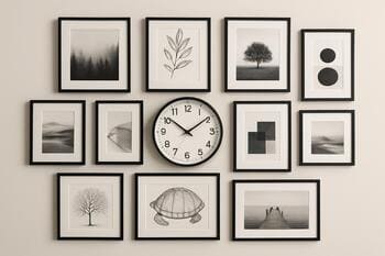 Gallery wall arranged in a tidy grid with a clock