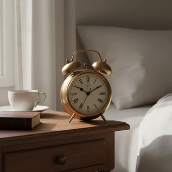 Twin-bell alarm clock on a bedside table
