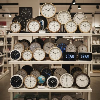 Wall of clocks with varied sizes and finishes