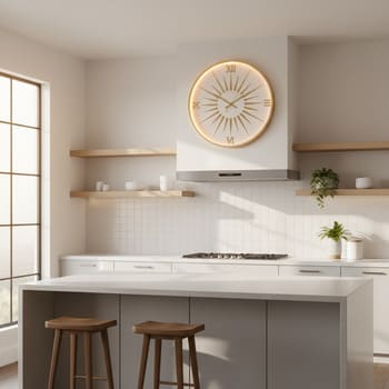 Bright kitchen with sunrise dial wall clock