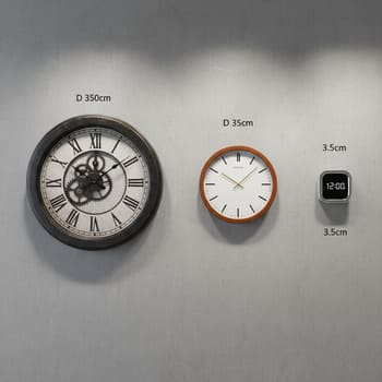 Two wall clocks of different diameters on the same wall